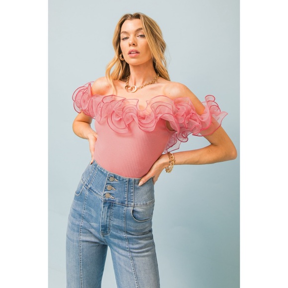 Flying Tomato Pink Organza Trimmed Ribbed Cotton Sleeveless Bodysuit - Picture 10 of 11